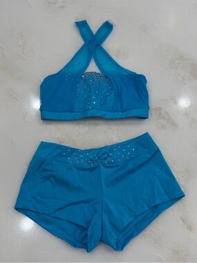 Turquoise Dallaswear Halter Neck Mesh Rhinestone Top & Shorts Dance Audition Set